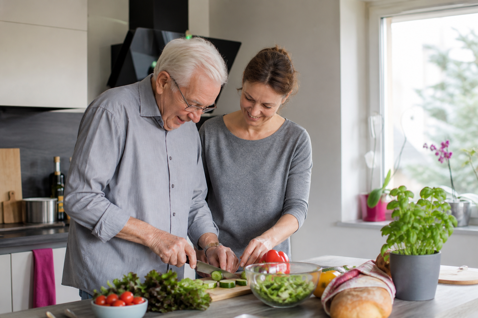 Senior und Betreuungskraft bereiten gemeinsam eine Mahlzeit zu
